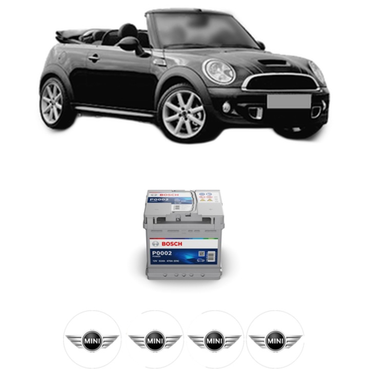 Baterie Acumulator 52 Ah 12 V 470 A MINI MINI Convertible (R52) Cooper S din 2004-2008 KW 125 CP 170 CMC 1598, auto, Bosch, 4x Stickere auto cu MINI