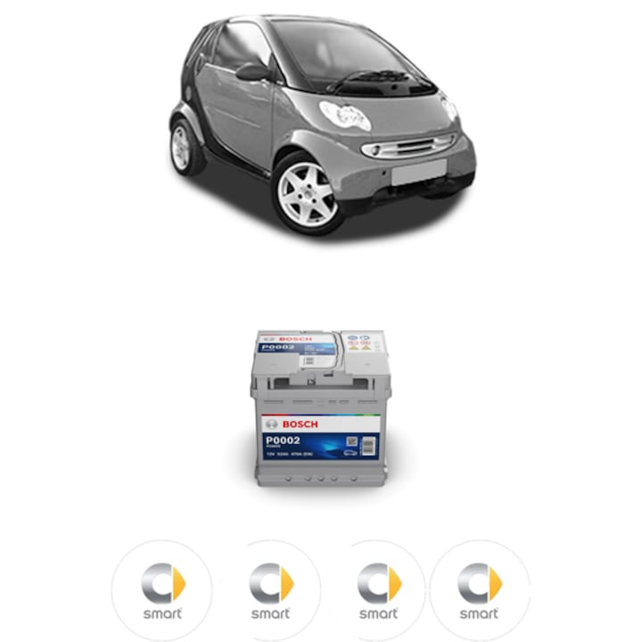 Baterie Acumulator 52 Ah 12 V 470 A SMART CITY-COUPE (450) 0.7 (450.352, 450.353) din 2003-2004 KW 45 CP 61 CMC 698, auto, Bosch, 4x Stickere auto cu SMART