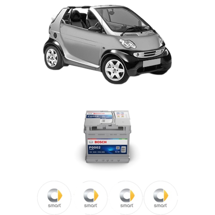 Baterie Acumulator 52 Ah 12 V 470 A SMART FORTWO Cabrio (450) 0.7 (450.452) din 2004-2007 KW 45 CP 61 CMC 698, auto, Bosch, 4x Stickere auto cu SMART