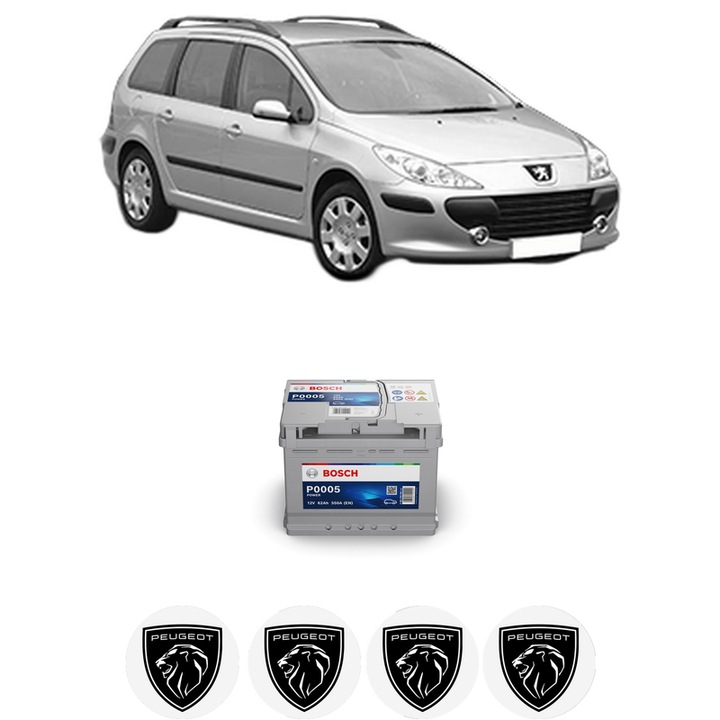 Baterie Acumulator 62 Ah 12 V 550 A PEUGEOT 307 Break (3E) 2.0 HDi 135 din 2004-2008 KW 100 CP 136 CMC 1997, auto, Bosch, 4x Stickere auto cu PEUGEOT