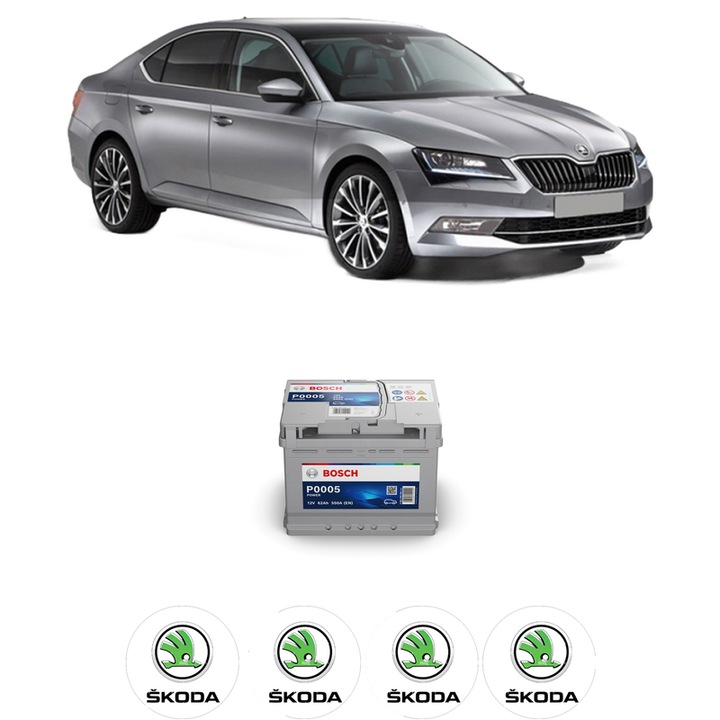 Baterie Acumulator 62 Ah 12 V 550 A SKODA SUPERB III (3V3) 2.0 TDI din 2015-2024 KW 140 CP 190 CMC 1968, auto, Bosch, 4x Stickere auto cu SKODA