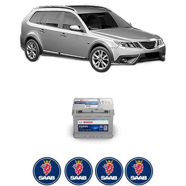 Baterie Acumulator 62 Ah 12 V 550 A SAAB 9-3X (YS3) 2.0 t BioPower XWD din 2009-2012 KW 154 CP 209 CMC 1998, auto, Bosch, 4x Stickere auto cu SAAB