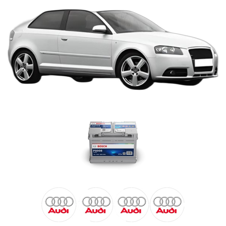 Baterie Acumulator 74 Ah 12 V 680 A AUDI A3 (8P1) 2.0 TDI din 2006-2008 KW 120 CP 163 CMC 1968, auto, Bosch, 4x Stickere auto cu AUDI