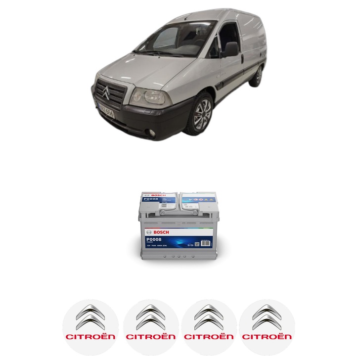 Baterie Acumulator 74 Ah 12 V 680 A CITROEN JUMPY II Platform/Chassis 1.6 HDi 90 8V din 2007-2016 KW 66 CP 90 CMC 1560, auto, Bosch, 4x Stickere auto cu CITROEN