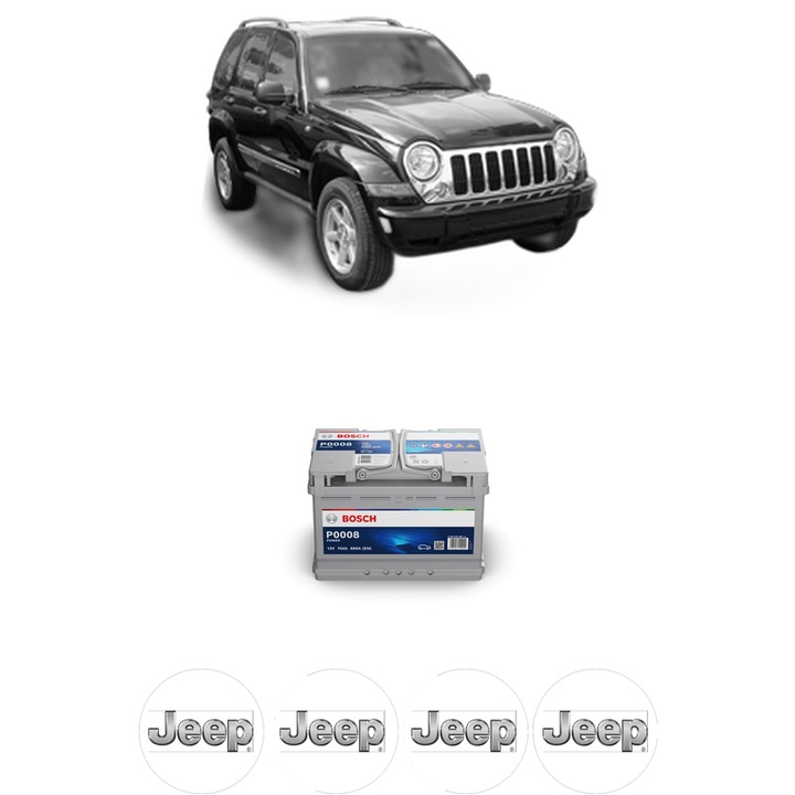 Baterie Acumulator 74 Ah 12 V 680 A JEEP CHEROKEE (KJ) 2.4 4x4 din 2001-2008 KW 108 CP 147 CMC 2429, auto, Bosch, 4x Stickere auto cu JEEP