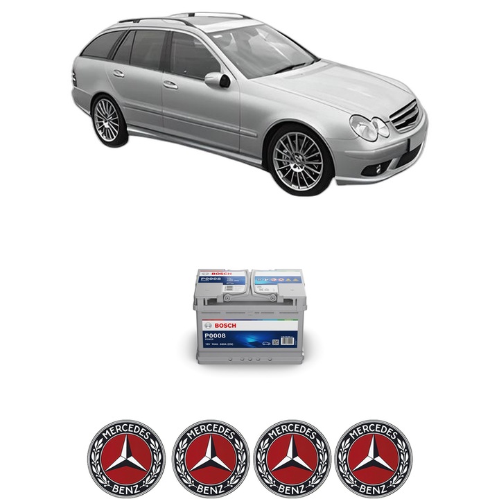 Baterie Acumulator 74 Ah 12 V 680 A MERCEDES-BENZ C-CLASS T-Model (S203) C 220 CDI (203.208) din 2004-2007 KW 110 CP 150 CMC 2148, auto, Bosch, 4x Stickere auto cu MERCEDES-BENZ