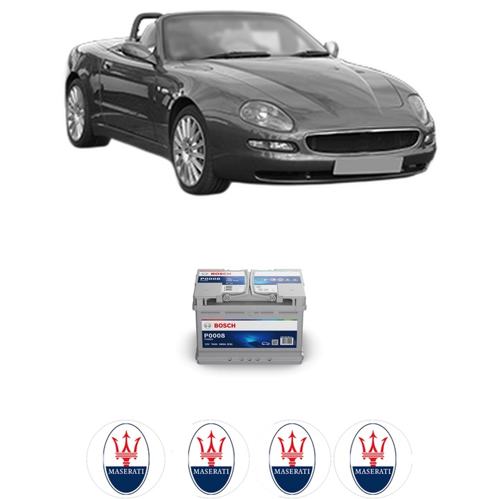 Baterie Acumulator 74 Ah 12 V 680 A MASERATI 4200 GT SPYDER Convertible 4.2 din 2001 KW 287 CP 390 CMC 4244, auto, Bosch, 4x Stickere auto cu MASERATI