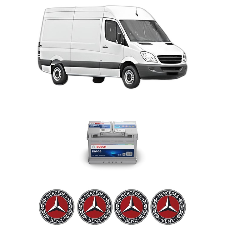 Baterie Acumulator 74 Ah 12 V 680 A MERCEDES-BENZ SPRINTER 3,5-t Van (B906) 311 CDI 4x4 (906.631, 906.633, 906.635, 906.637) din 2008-2009 KW 80 CP 109 CMC 2148, auto, Bosch, 4x Stickere auto cu MERCEDES-BENZ