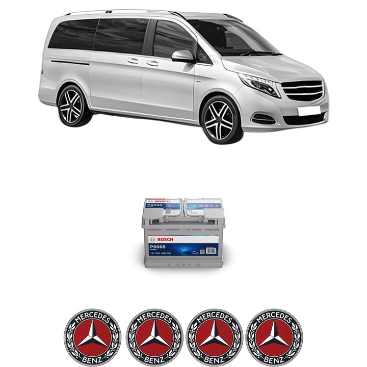 Baterie Acumulator 74 Ah 12 V 680 A MERCEDES-BENZ V-CLASS (W447) V 220 CDI / d 4-matic (447.811, 447.813) din 2019 KW 120 CP 163 CMC 1950, auto, Bosch, 4x Stickere auto cu MERCEDES-BENZ