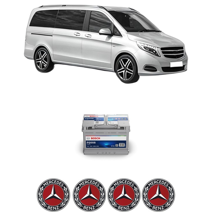 Baterie Acumulator 74 Ah 12 V 680 A MERCEDES-BENZ VITO Mixto (Double Cabin) (W447) 119 CDI (447.701, 447.703, 447.705) din 2019 KW 140 CP 190 CMC 1950, auto, Bosch, 4x Stickere auto cu MERCEDES-BENZ