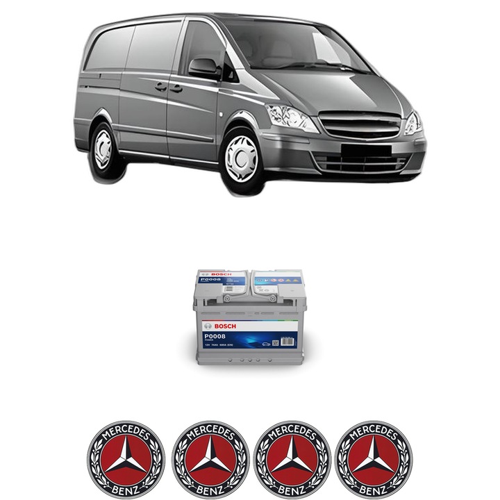 Baterie Acumulator 74 Ah 12 V 680 A MERCEDES-BENZ VITO Van (W447) 114 CDI 4x4 (447.601, 447.603, 447.605) din 2020 KW 100 CP 136 CMC 1950, auto, Bosch, 4x Stickere auto cu MERCEDES-BENZ