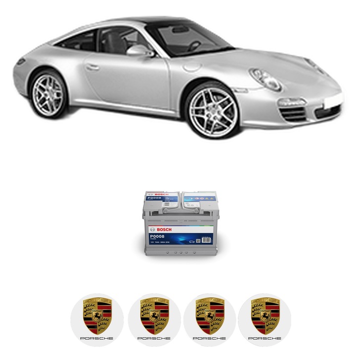Baterie Acumulator 74 Ah 12 V 680 A PORSCHE 911 (997) 3.6 Carrera 4 din 2008-2012 KW 254 CP 345 CMC 3614, auto, Bosch, 4x Stickere auto cu PORSCHE