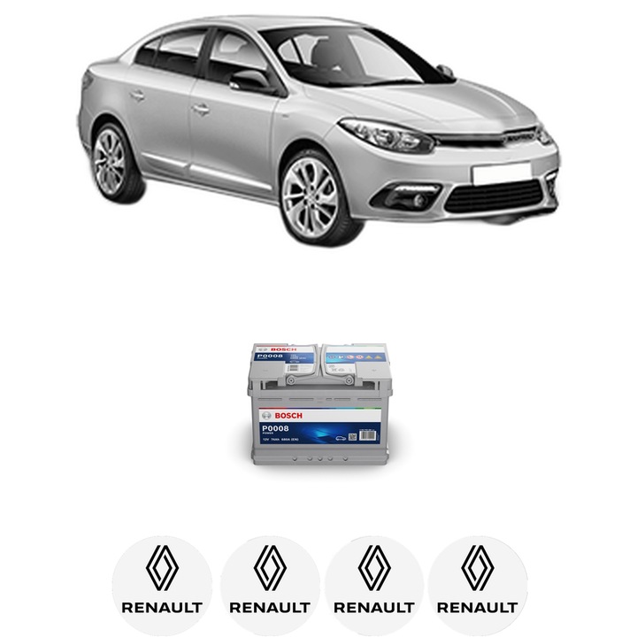 Baterie Acumulator 74 Ah 12 V 680 A RENAULT FLUENCE (L3_) 1.5 dCi (L30B) din 2010 KW 78 CP 106 CMC 1461, auto, Bosch, 4x Stickere auto cu RENAULT