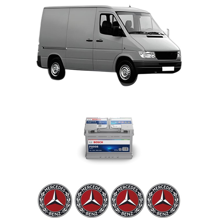 Baterie Acumulator 74 Ah 12 V 680 A MERCEDES-BENZ SPRINTER 2-t Van (B901, B902) 211 CDI (901.661, 901.662, 902.661, 902.662) din 2000-2006 KW 80 CP 109 CMC 2148, auto, Bosch, 4x Stickere auto cu MERCEDES-BENZ