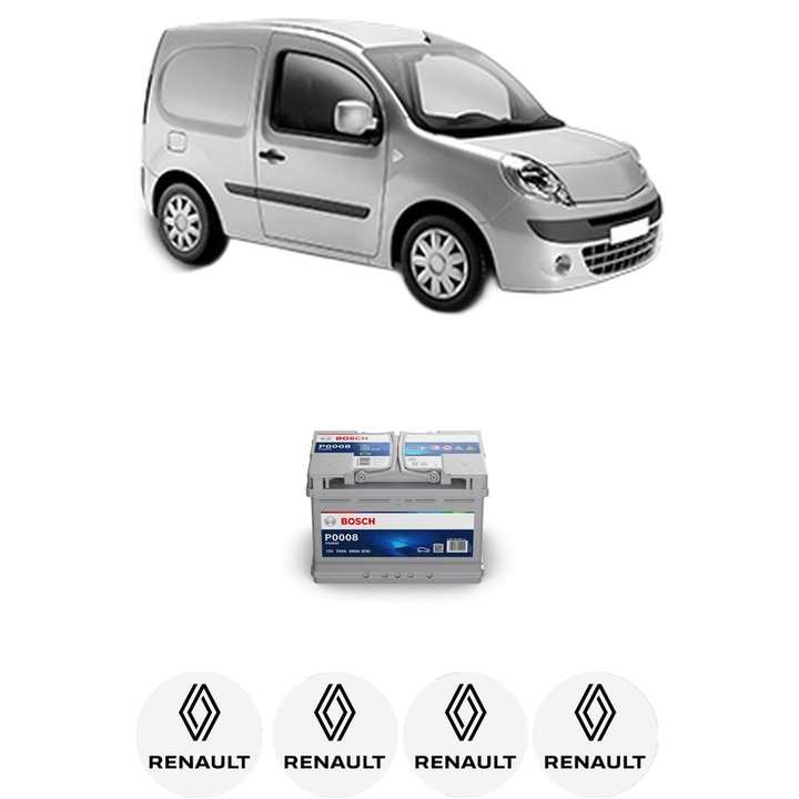 Baterie Acumulator 74 Ah 12 V 680 A RENAULT KANGOO Express (FW0/1_) 1.5 dCi 85 (FW0K, FW0L, FW0B) din 2008 KW 63 CP 86 CMC 1461, auto, Bosch, 4x Stickere auto cu RENAULT