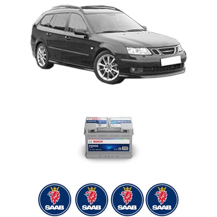 Baterie Acumulator 74 Ah 12 V 680 A SAAB 9-3 Estate (E50) 2.0 t din 2011-2015 KW 162 CP 220 CMC 1998, auto, Bosch, 4x Stickere auto cu SAAB