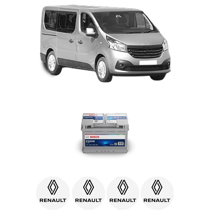 Baterie Acumulator 74 Ah 12 V 680 A RENAULT TRAFIC III Bus (JG_) 1.6 dCi 125 (JGMH) din 2015 KW 92 CP 125 CMC 1598, auto, Bosch, 4x Stickere auto cu RENAULT