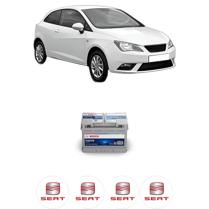 Baterie Acumulator 74 Ah 12 V 680 A SEAT IBIZA IV SC (6J1, 6P5) 1.4 TDI din 2008-2010 KW 59 CP 80 CMC 1422, auto, Bosch, 4x Stickere auto cu SEAT