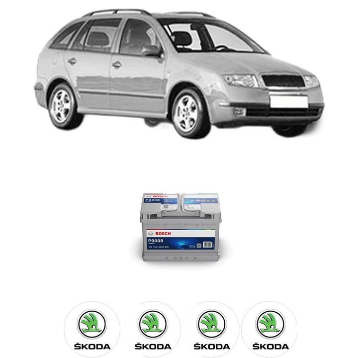 Baterie Acumulator 74 Ah 12 V 680 A SKODA FABIA I Combi (6Y5) 1.4 TDI din 2005-2007 KW 59 CP 80 CMC 1422, auto, Bosch, 4x Stickere auto cu SKODA