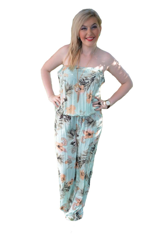 Salopeta de vara, imprimeu floral fara bretele , D&J Exclusive, Turcoaz