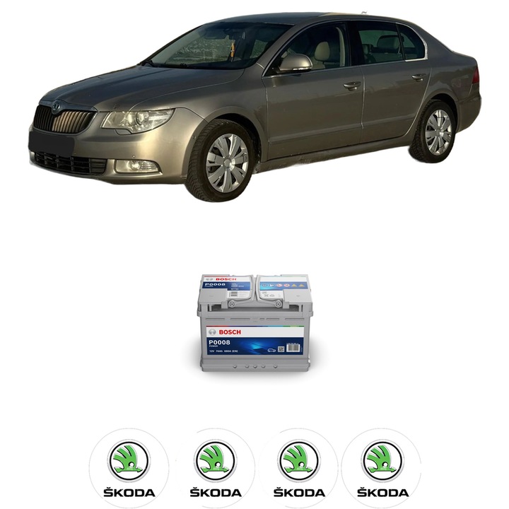 Baterie Acumulator 74 Ah 12 V 680 A SKODA SUPERB II Estate (3T5) 2.0 TDI 16V 4x4 din 2010-2015 KW 103 CP 140 CMC 1968, auto, Bosch, 4x Stickere auto cu SKODA