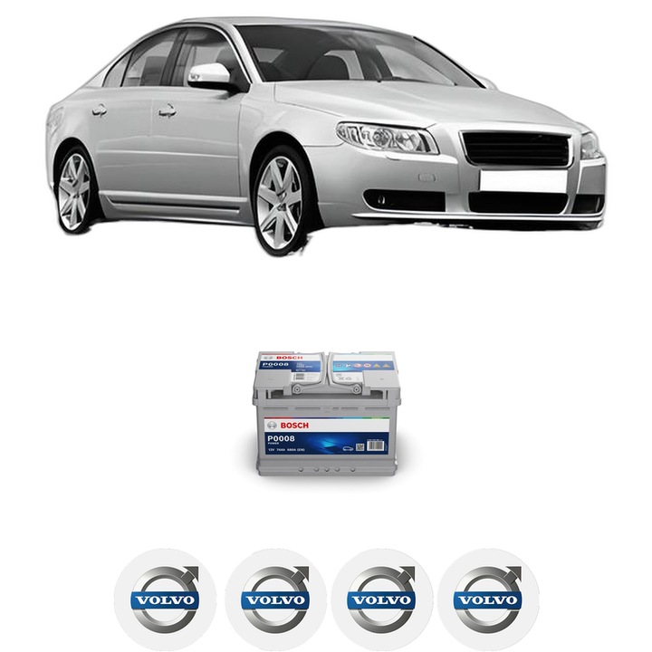 Baterie Acumulator 74 Ah 12 V 680 A VOLVO S80 II (124) 3.2 din 2006-2010 KW 175 CP 238 CMC 3192, auto, Bosch, 4x Stickere auto cu VOLVO