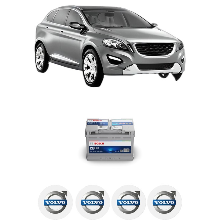 Baterie Acumulator 74 Ah 12 V 680 A VOLVO XC60 I SUV (156) D5 AWD din 2015-2017 KW 162 CP 220 CMC 2400, auto, Bosch, 4x Stickere auto cu VOLVO
