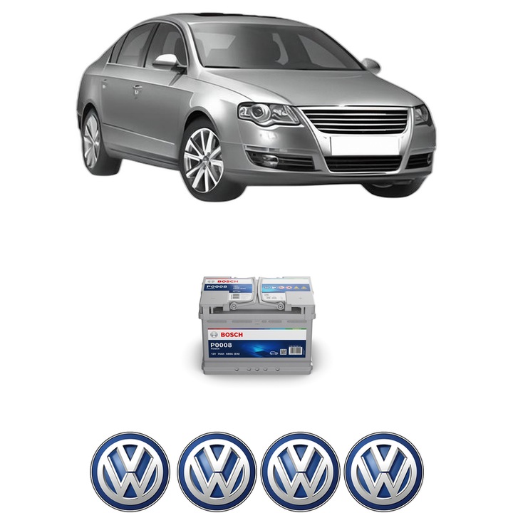 Baterie Acumulator 74 Ah 12 V 680 A Volkswagen PASSAT B6 (3C2) 2.0 TDI din 2005-2007 KW 88 CP 120 CMC 1968, auto, Bosch, 4x Stickere auto cu Volkswagen