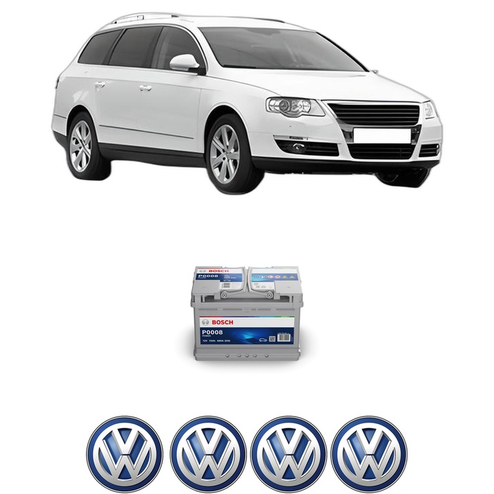 Baterie Acumulator 74 Ah 12 V 680 A Volkswagen PASSAT B6 Variant (3C5) 2.0 TDI din 2005-2007 KW 88 CP 120 CMC 1968, auto, Bosch, 4x Stickere auto cu Volkswagen