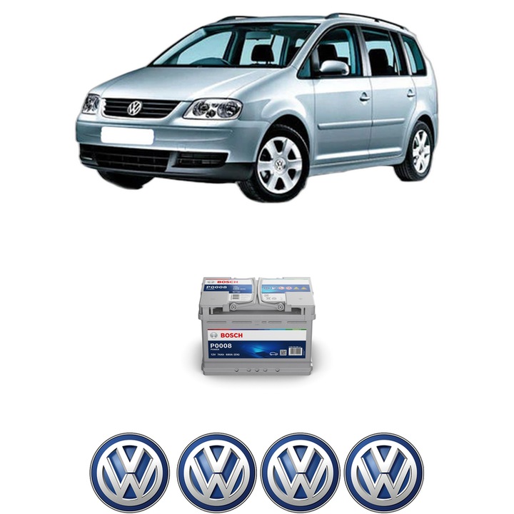 Baterie Acumulator 74 Ah 12 V 680 A Volkswagen TOURAN VAN (1T1, 1T2) 1.9 TDI din 2003-2005 KW 74 CP 101 CMC 1896, auto, Bosch, 4x Stickere auto cu Volkswagen