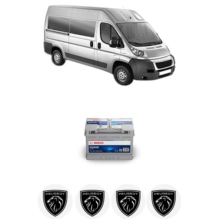 Baterie Acumulator 74 Ah 12 V 680 A PEUGEOT BOXER Bus 2.2 HDi 150 din 2011 KW 110 CP 150 CMC 2198, auto, Bosch, 4x Stickere auto cu PEUGEOT