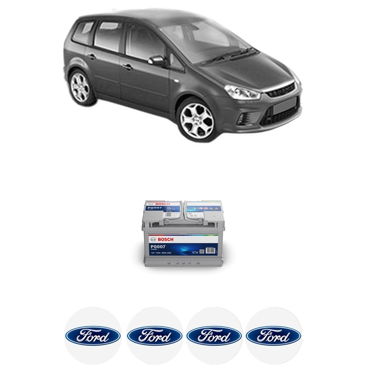 Baterie Acumulator 72 Ah 12 V 680 A FORD C-MAX (DM2) 1.6 TDCi din 2007-2010 KW 80 CP 109 CMC 1560, auto, Bosch, 4x Stickere auto cu FORD