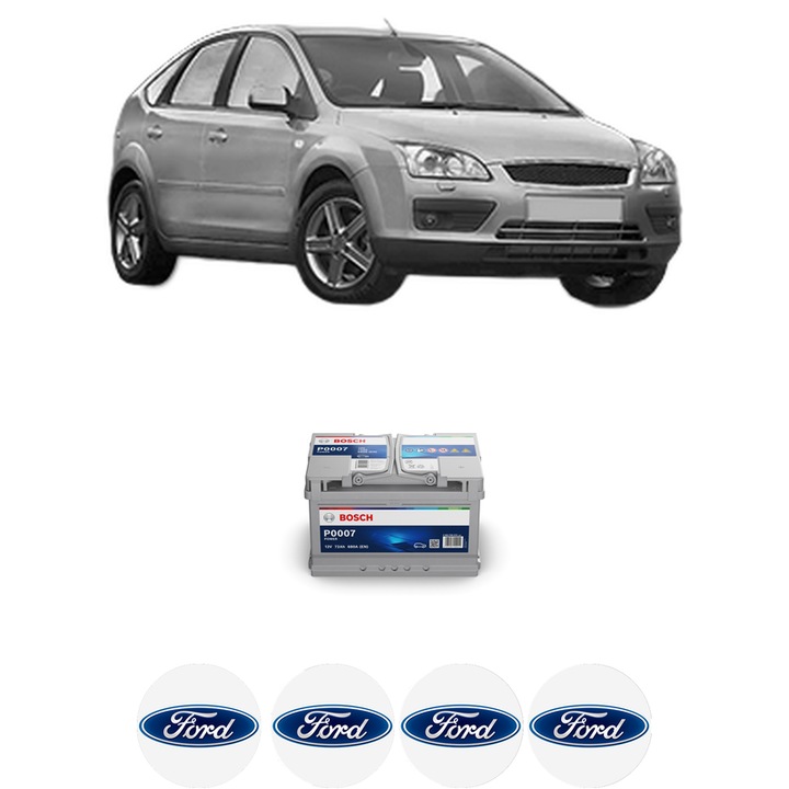 Baterie Acumulator 72 Ah 12 V 680 A FORD FOCUS II (DA_, HCP, DP) 1.6 TDCi din 2005-2012 KW 66 CP 90 CMC 1560, auto, Bosch, 4x Stickere auto cu FORD