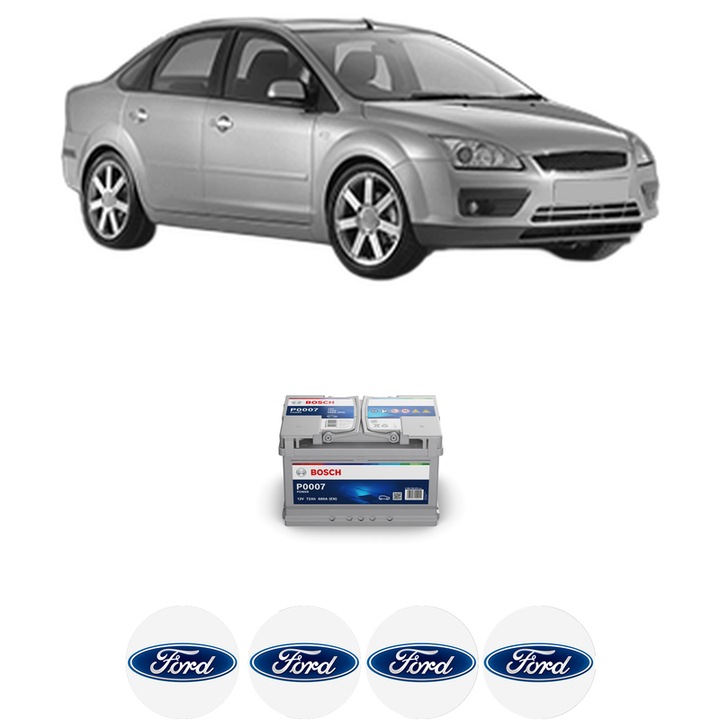 Baterie Acumulator 72 Ah 12 V 680 A FORD FOCUS II Saloon (DB_, FCH, DH) 1.6 TDCi din 2005-2012 KW 74 CP 100 CMC 1560, auto, Bosch, 4x Stickere auto cu FORD