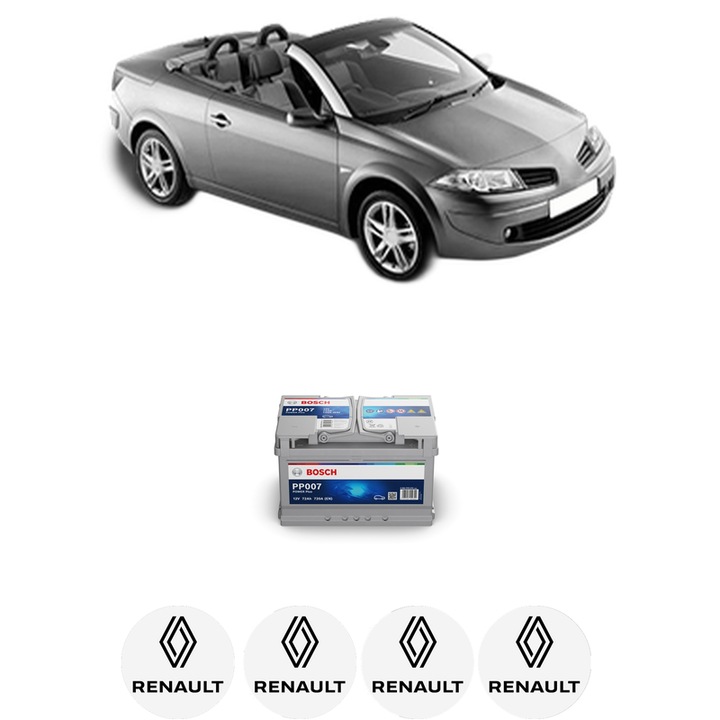 Baterie Acumulator 72 Ah 12 V 720 A RENAULT MEGANE II Coupé-Cabriolet (EM0/1_) 1.9 dCi din 2005-2007 KW 96 CP 131 CMC 1870, auto, Bosch, 4x Stickere auto cu RENAULT