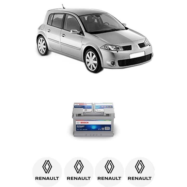 Baterie Acumulator 72 Ah 12 V 720 A RENAULT MEGANE II (BM0/1_, CM0/1_) 1.5 dCi (BM0F, BM0T, BM2B, CM0F, CM0T) din 2002-2008 KW 60 CP 82 CMC 1461, auto, Bosch, 4x Stickere auto cu RENAULT
