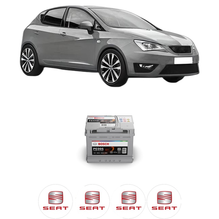 Baterie Acumulator 60 Ah 12 V 640 A SEAT IBIZA V (KJ1, KJG) 1.0 MPi din 2018 KW 59 CP 80 CMC 999, auto, Bosch, 4x Stickere auto cu SEAT
