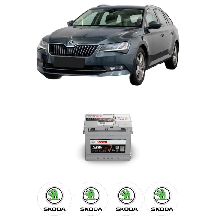 Baterie Acumulator 60 Ah 12 V 640 A SKODA SUPERB III Estate (3V5) 1.4 TSI din 2015-2024 KW 110 CP 150 CMC 1395, auto, Bosch, 4x Stickere auto cu SKODA