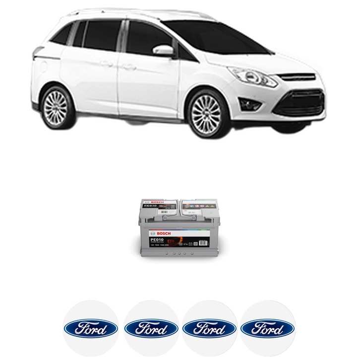 Baterie Acumulator 75 Ah 12 V 730 A FORD GRAND C-MAX Van 1.6 TDCi din 2010-2019 KW 70 CP 95 CMC 1560, auto, Bosch, 4x Stickere auto cu FORD