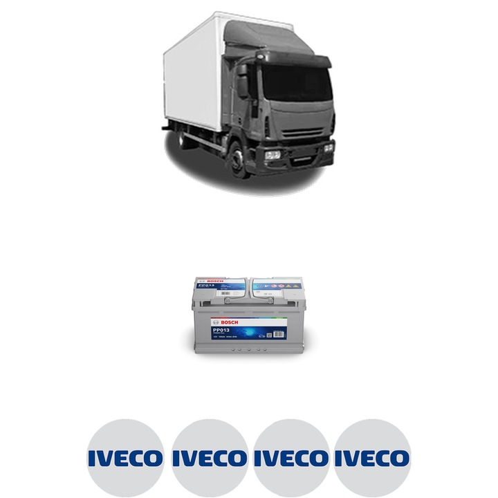 Baterie Acumulator 100 Ah 12 V 830 A IVECO EUROCARGO I-III 100 E 21, 100 E 21 DP tector, 100 E 22 tector din 2000-2015 KW 154 CP 209 CMC 5883, auto, Bosch, 4x Stickere auto cu IVECO