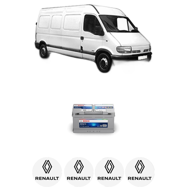 Baterie Acumulator 100 Ah 12 V 830 A RENAULT MASTER II Van (FD) 2.5 dCi 100 (FD0U, FD0V, FD3U, FD3V, FD8U, FD8V) din 2003-2010 KW 73 CP 99 CMC 2463, auto, Bosch, 4x Stickere auto cu RENAULT