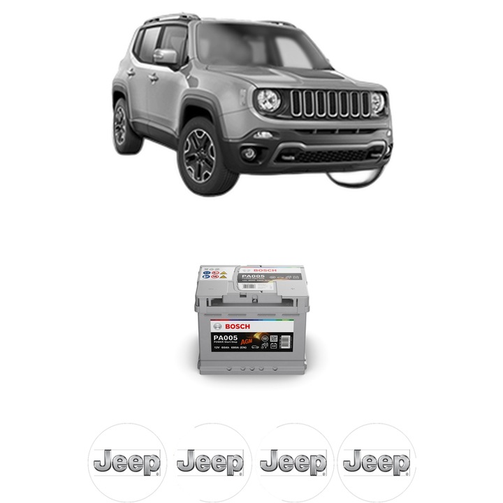 Baterie Acumulator 60 Ah 12 V 680 A JEEP RENEGADE SUV (BU, B1, BV) 1.3 PHEV 4Xe din 2020 KW 177 CP 240 CMC 1332, auto, Bosch, 4x Stickere auto cu JEEP