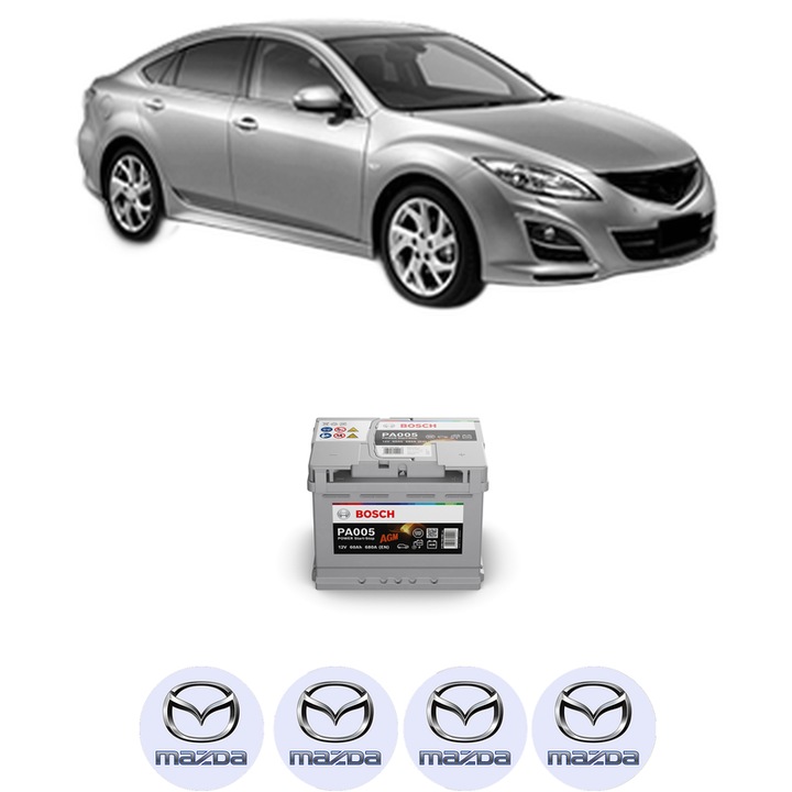 Baterie Acumulator 60 Ah 12 V 680 A MAZDA 6 Saloon (GH) 2.2 MZR-CD (GH10) din 2009-2012 KW 92 CP 125 CMC 2184, auto, Bosch, 4x Stickere auto cu MAZDA