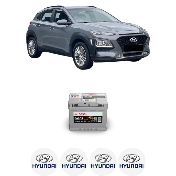 Baterie Acumulator 60 Ah 12 V 680 A HYUNDAI KONA (OS, OSE, OSI) 1.0 T-GDi din 2017-2023 KW 88 CP 120 CMC 998, auto, Bosch, 4x Stickere auto cu HYUNDAI