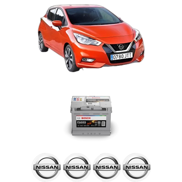 Baterie Acumulator 60 Ah 12 V 680 A NISSAN MICRA V (K14) 1.0 IG-T 100 din 2018 KW 74 CP 101 CMC 999, auto, Bosch, 4x Stickere auto cu NISSAN