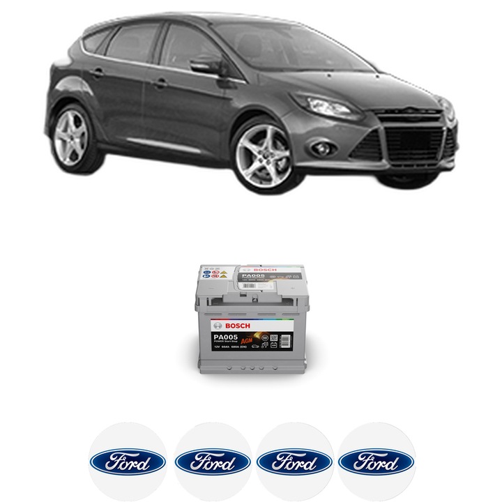 Baterie Acumulator 60 Ah 12 V 680 A FORD FOCUS III 1.0 EcoBoost din 2012-2017 KW 92 CP 125 CMC 998, auto, Bosch, 4x Stickere auto cu FORD