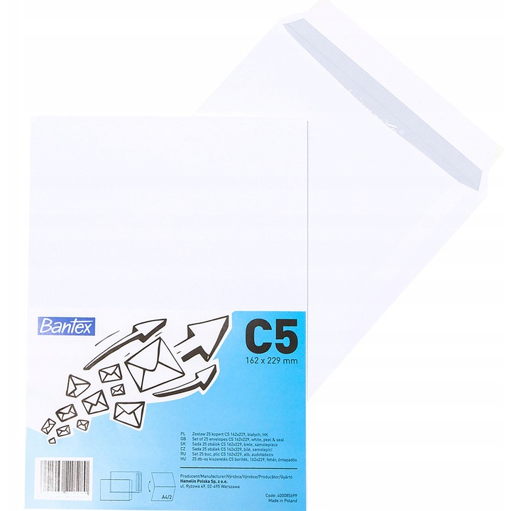 Bantex C5 boríték, 162x229mm, fehér, 25 darabos szett