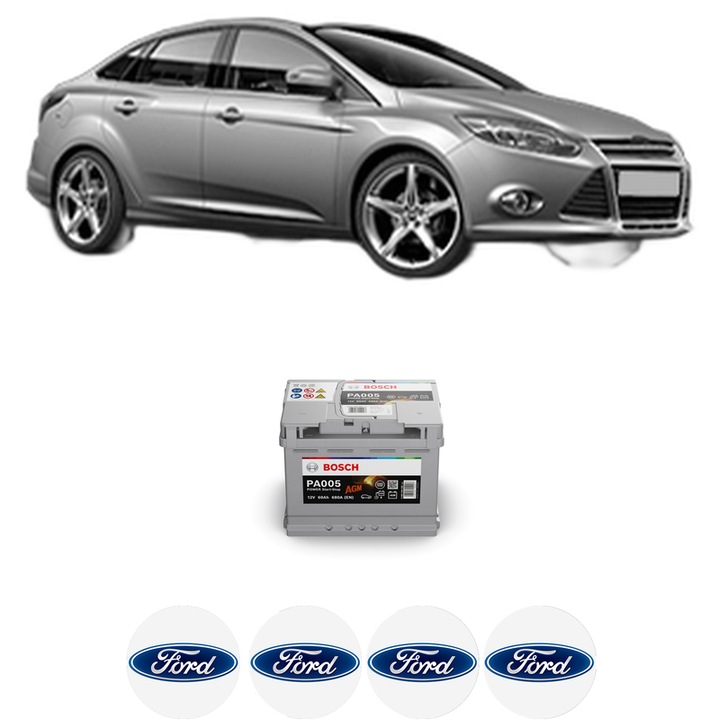 Baterie Acumulator 60 Ah 12 V 680 A FORD FOCUS III Saloon 1.0 EcoBoost din 2012-2020 KW 92 CP 125 CMC 998, auto, Bosch, 4x Stickere auto cu FORD