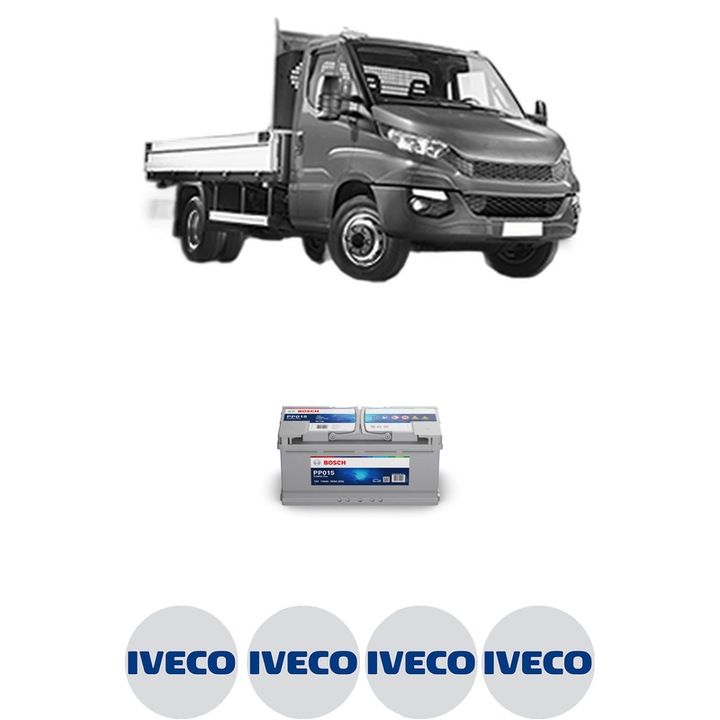 Baterie Acumulator 110 Ah 12 V 950 A IVECO DAILY VI Platform/Chassis NaturalPower 35S14, 35C, 38S, 40C, 50C, 60C, 65C, 70C din 2014 KW 100 CP 136 CMC 2998, auto, Bosch, 4x Stickere auto cu IVECO