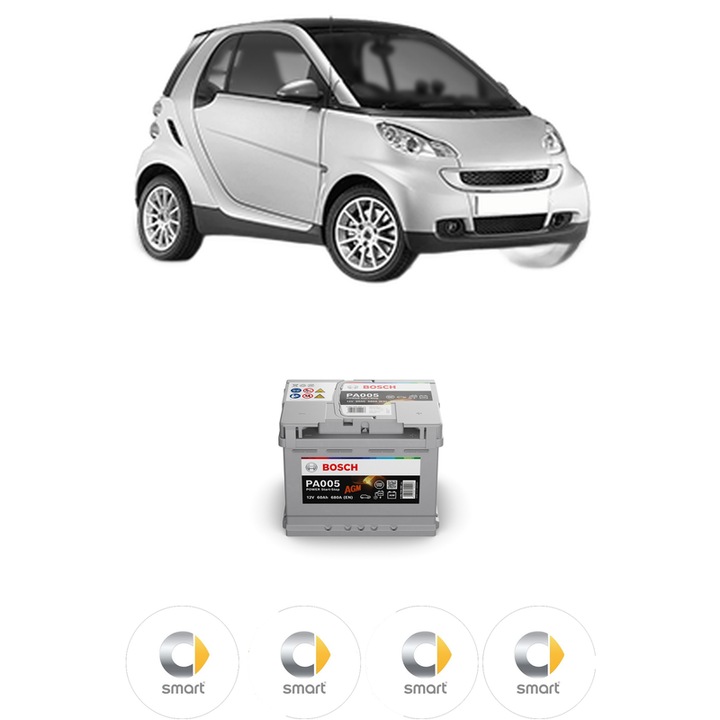 Baterie Acumulator 60 Ah 12 V 680 A SMART FORTWO Coupe (451) 1.0 (451.331, 451.380) din 2007 KW 52 CP 71 CMC 999, auto, Bosch, 4x Stickere auto cu SMART